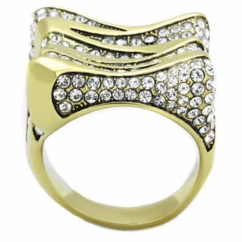 Stainless Steel Gold CZ Pave Wave Stripe Wide Cocktail Ring view 7