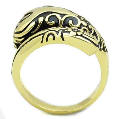 Stainless Steel Gold Antiqued Black Enamel Floral Scroll Ring view 3