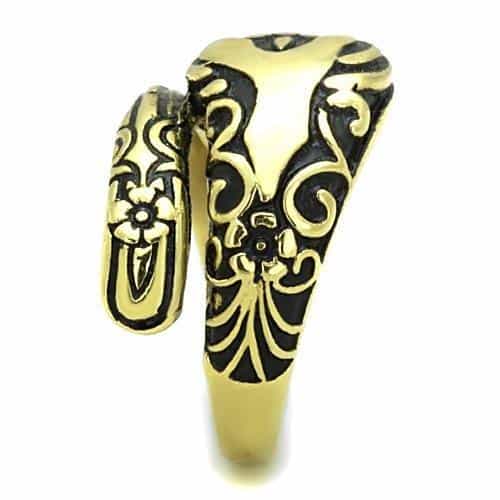 Stainless Steel Gold Antiqued Black Enamel Floral Scroll Ring view 4