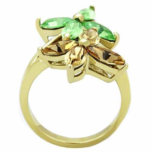 Stainless Steel Gold Green Brown Crystal Marquise Flower Ring view 7