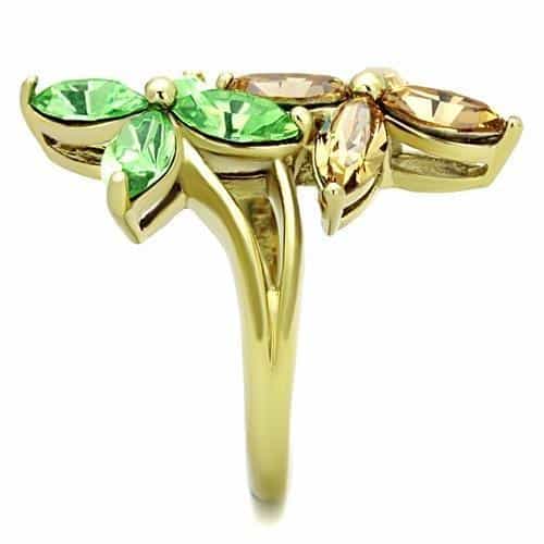 Stainless Steel Gold Green Brown Crystal Marquise Flower Ring view 8