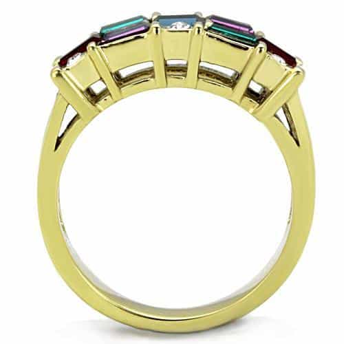 Stainless Steel Gold Rainbow Baguette CZ Two Row Channel Ring view 7