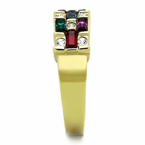 Stainless Steel Gold Rainbow Baguette CZ Two Row Channel Ring view 4