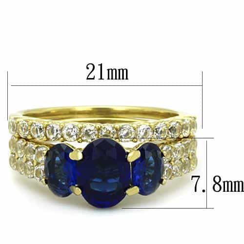 Stainless Steel Gold Blue Sapphire Double Oval CZ Bridal Set Ring view 2