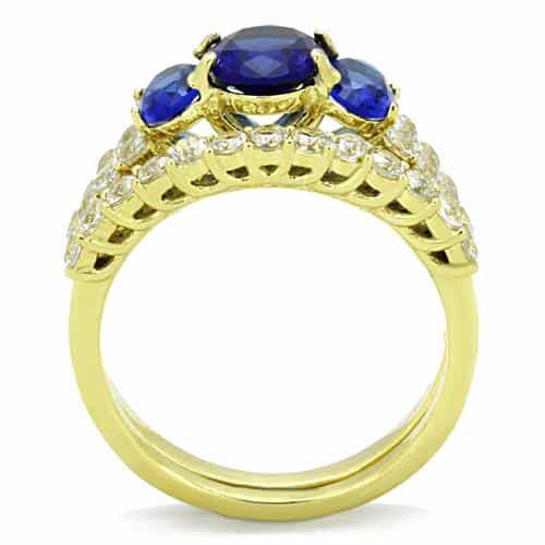 Stainless Steel Gold Blue Sapphire Double Oval CZ Bridal Set Ring view 3