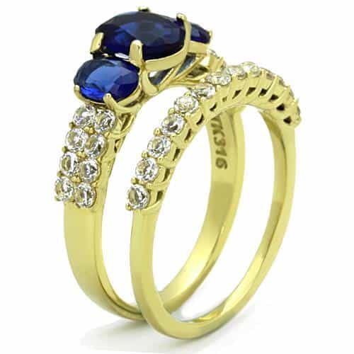 Stainless Steel Gold Blue Sapphire Double Oval CZ Bridal Set Ring view 8