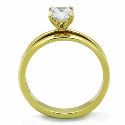 Stainless Steel Gold CZ Round Solitaire Plain Bridal Set Ring view 3