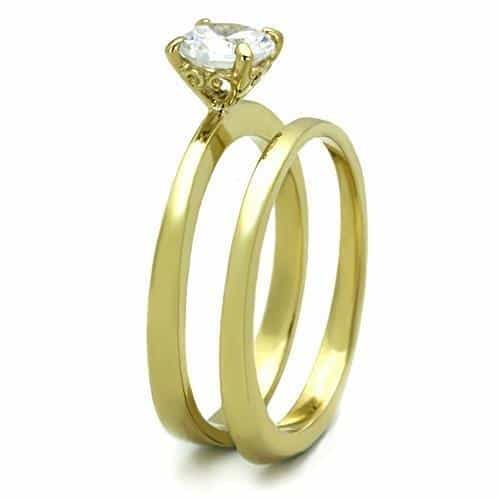 Stainless Steel Gold CZ Round Solitaire Plain Bridal Set Ring view 8