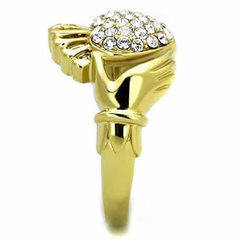 Stainless Steel Gold CZ Pave Claddagh Crown Ring view 8