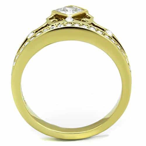 Stainless Steel Gold CZ Princess Crown Tiara Bridal Set Ring view 7