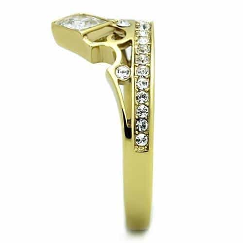 Stainless Steel Gold CZ Princess Crown Tiara Bridal Set Ring view 4