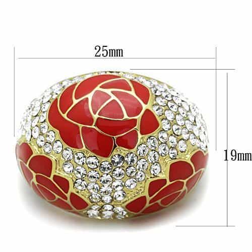 Stainless Steel Gold Red Enamel Rose CZ Pave Dome Ring view 2