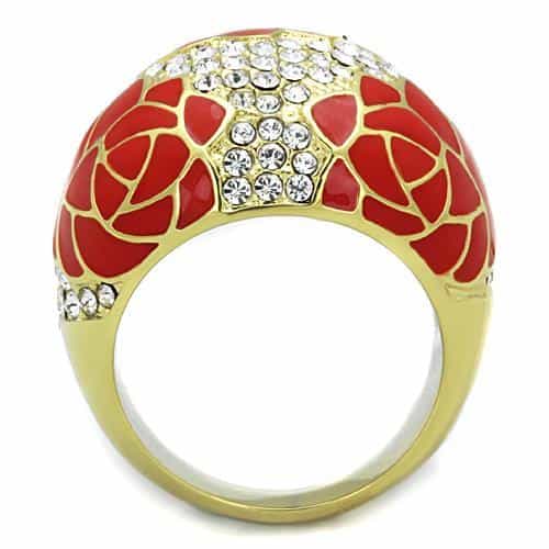 Stainless Steel Gold Red Enamel Rose CZ Pave Dome Ring view 7