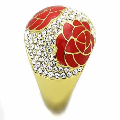 Stainless Steel Gold Red Enamel Rose CZ Pave Dome Ring view 4