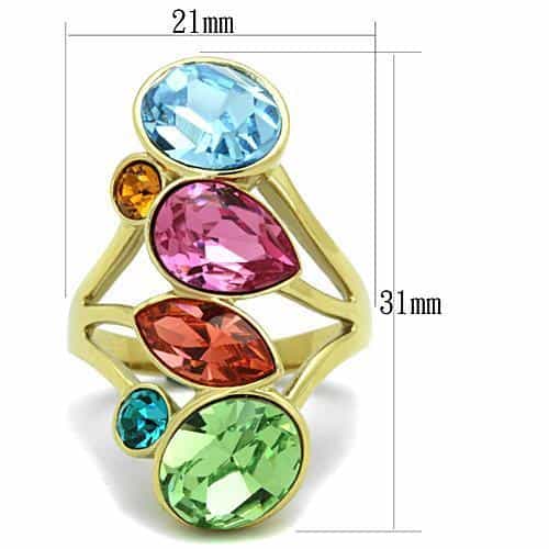 Stainless Steel Gold Multi Color Crystal Cascade Cocktail Ring view 6