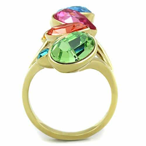 Stainless Steel Gold Multi Color Crystal Cascade Cocktail Ring view 7