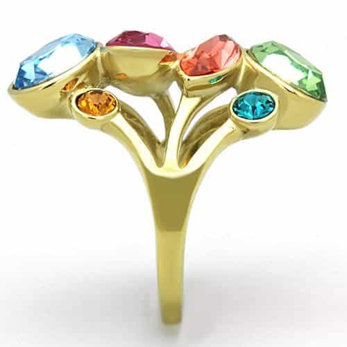 Stainless Steel Gold Multi Color Crystal Cascade Cocktail Ring view 4