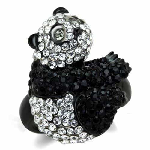 Stainless Steel Black White Crystal Pave Panda Bear Ring view 10