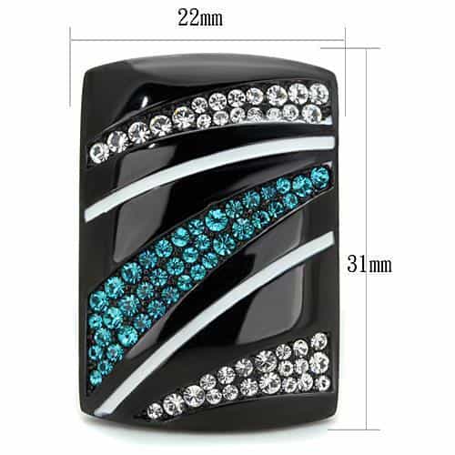Stainless Steel Dark Aqua Clear Crystal Diagonal Stripe Wide Ring view 2