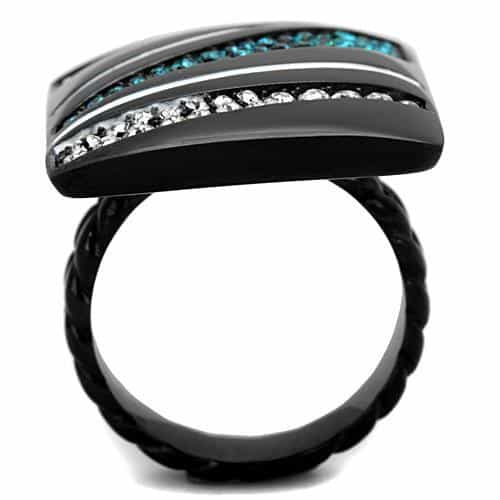 Stainless Steel Dark Aqua Clear Crystal Diagonal Stripe Wide Ring view 7
