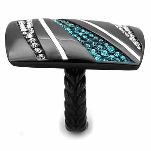 Stainless Steel Dark Aqua Clear Crystal Diagonal Stripe Wide Ring view 8