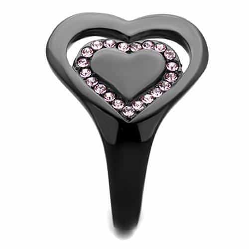 Stainless Steel Black IP Pink Crystal Open Heart Ring view 4