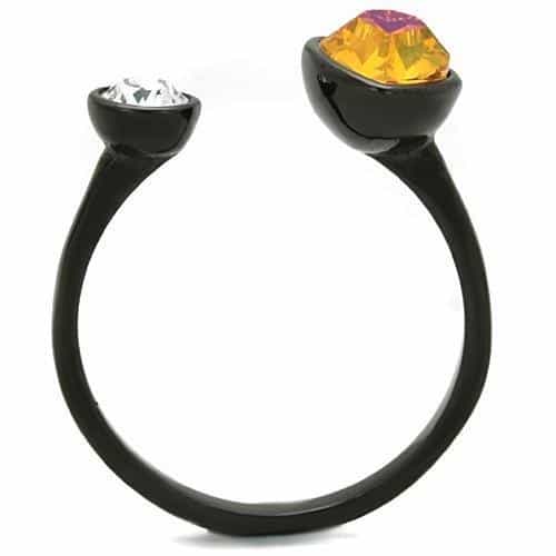 Stainless Steel Black IP Amber Pear CZ Bezel Open Ring view 7