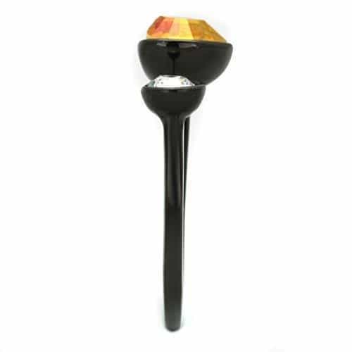 Stainless Steel Black IP Amber Pear CZ Bezel Open Ring view 4