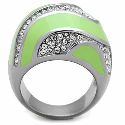 Stainless Steel Green Enamel CZ Pave Wave Dome Ring view 3