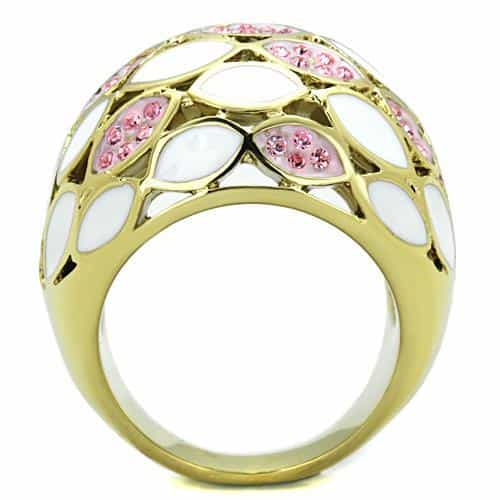Stainless Steel Gold White Enamel Leaf Pink Crystal Dome Ring view 7