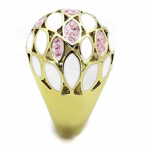 Stainless Steel Gold White Enamel Leaf Pink Crystal Dome Ring view 4