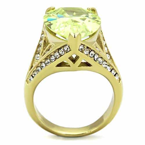Stainless Steel Gold Green Oval Crystal CZ Ornate Cocktail Ring view 3
