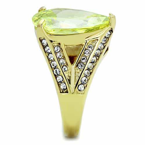 Stainless Steel Gold Green Oval Crystal CZ Ornate Cocktail Ring view 4