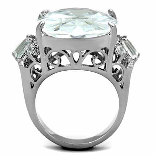 Stainless Steel CZ Large Oval Baguette Filigree Cocktail Ring view 3