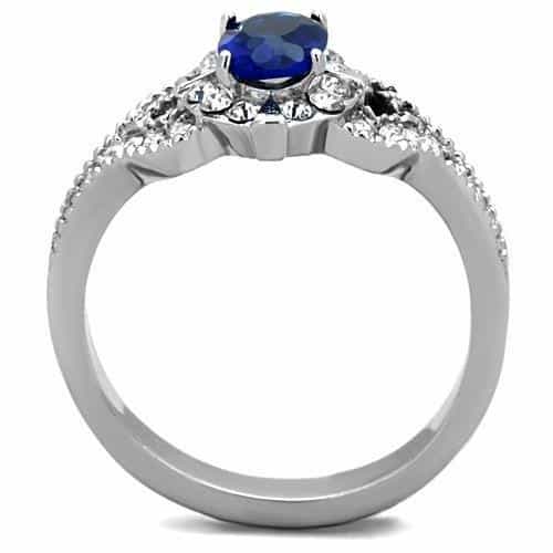 Stainless Steel Blue Sapphire Oval CZ Double Halo Vintage Ring view 3