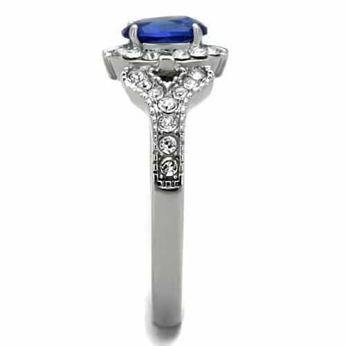Stainless Steel Blue Sapphire Oval CZ Double Halo Vintage Ring view 8