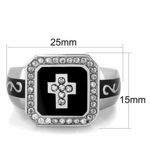 Stainless Steel Cross Black Enamel CZ Square Mens Signet Ring view 2
