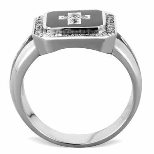 Stainless Steel Cross Black Enamel CZ Square Mens Signet Ring view 3