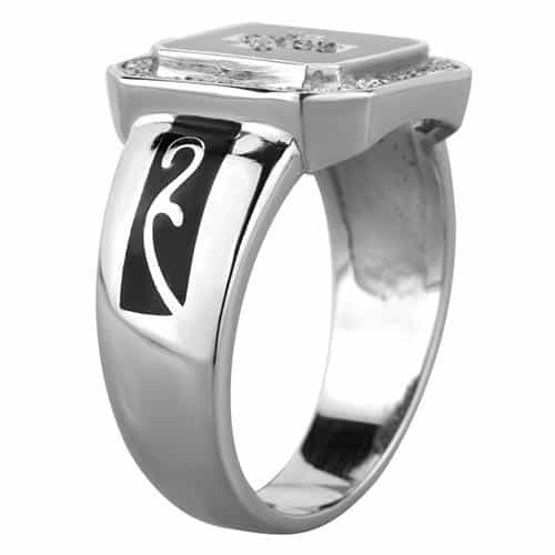 Stainless Steel Cross Black Enamel CZ Square Mens Signet Ring view 4