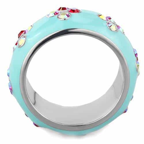 Stainless Steel Turquoise Enamel AB Crystal Flower Band Ring view 7