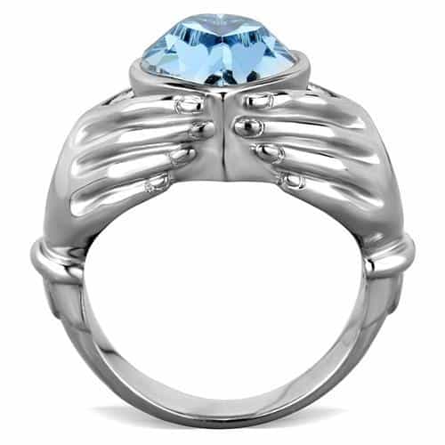 Stainless Steel Blue Topaz Heart Claddagh Hands Ring view 3