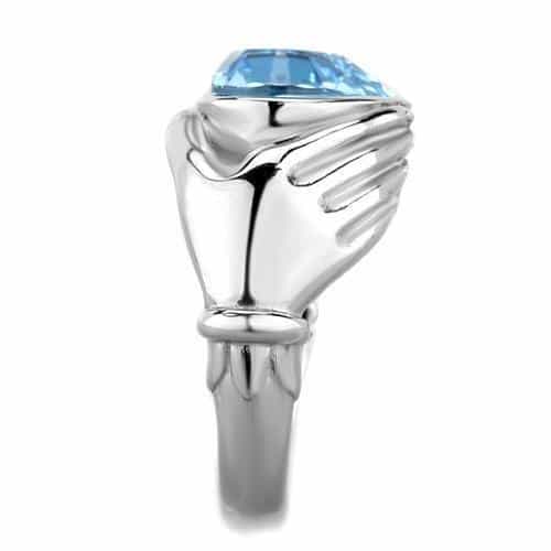 Stainless Steel Blue Topaz Heart Claddagh Hands Ring view 8
