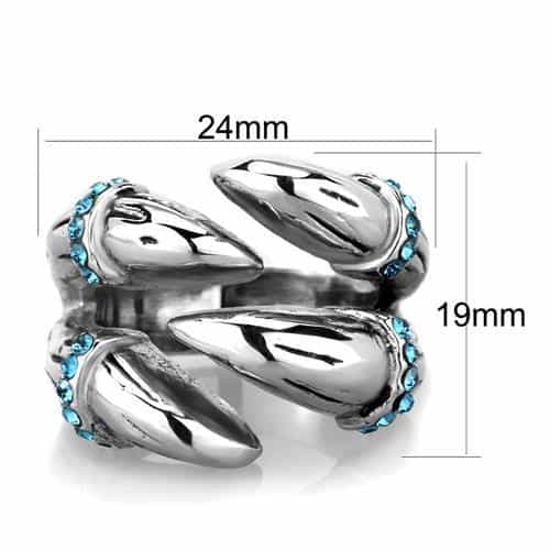 Stainless Steel Polished Petal Wave Aqua Crystal Dome Ring view 2