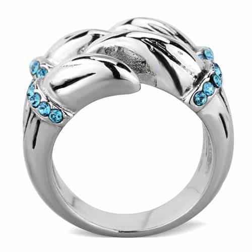 Stainless Steel Polished Petal Wave Aqua Crystal Dome Ring view 3