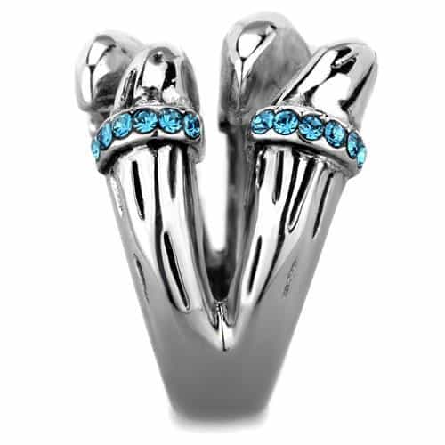 Stainless Steel Polished Petal Wave Aqua Crystal Dome Ring view 8