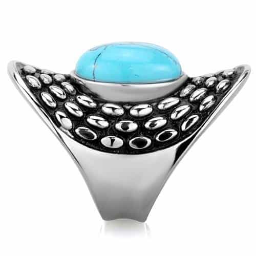 Stainless Steel Turquoise Oval Cabochon Pebble Scale Dome Ring view 8