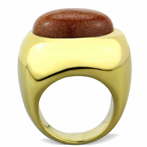 Stainless Steel Gold Brown Goldstone Cabochon Dome Ring view 3