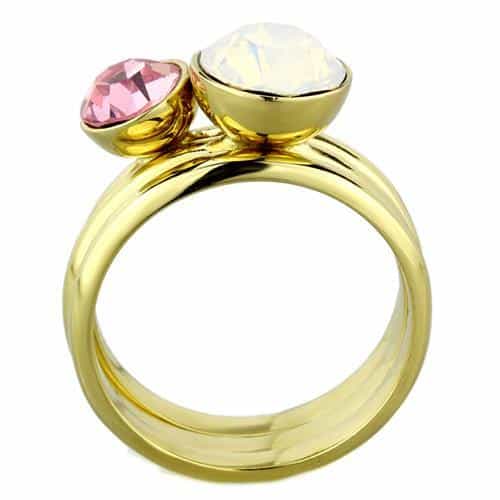 Stainless Steel Gold Pink Opal Crystal Stackable Set Ring view 7