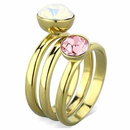 Stainless Steel Gold Pink Opal Crystal Stackable Set Ring view 8