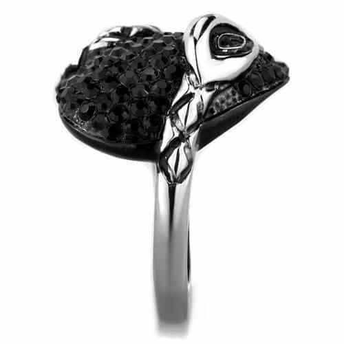 Stainless Steel Dark Black Crystal Pave Swirl Abstract Dome Ring view 4